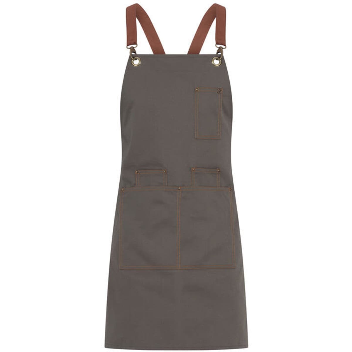 A grey apron with brown leather straps and multiple pockets, featuring a logo.