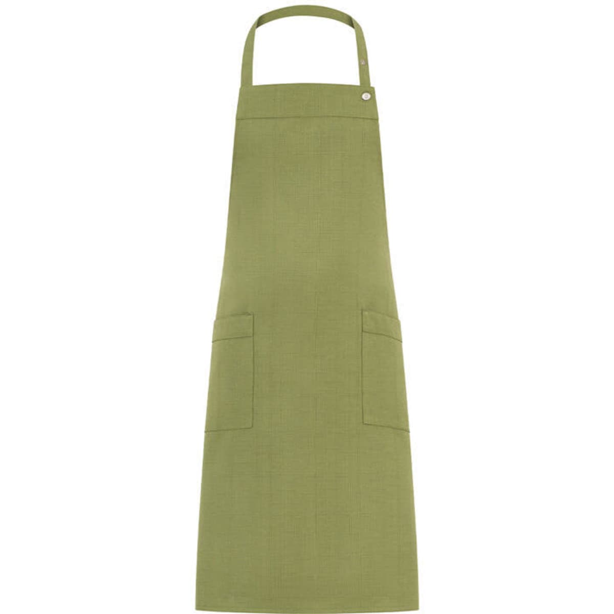 A green apron with a simple design featuring two front pockets and a neck strap. It has a small logo.