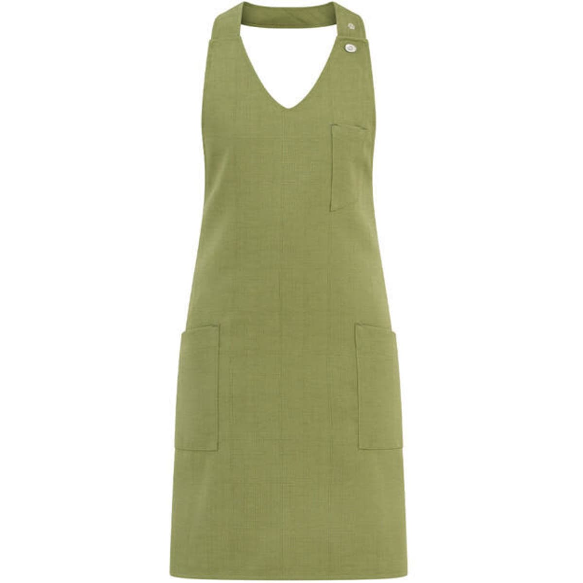 A green apron with a V-neck design, featuring a front pocket and two side pockets. It has a branding logo.