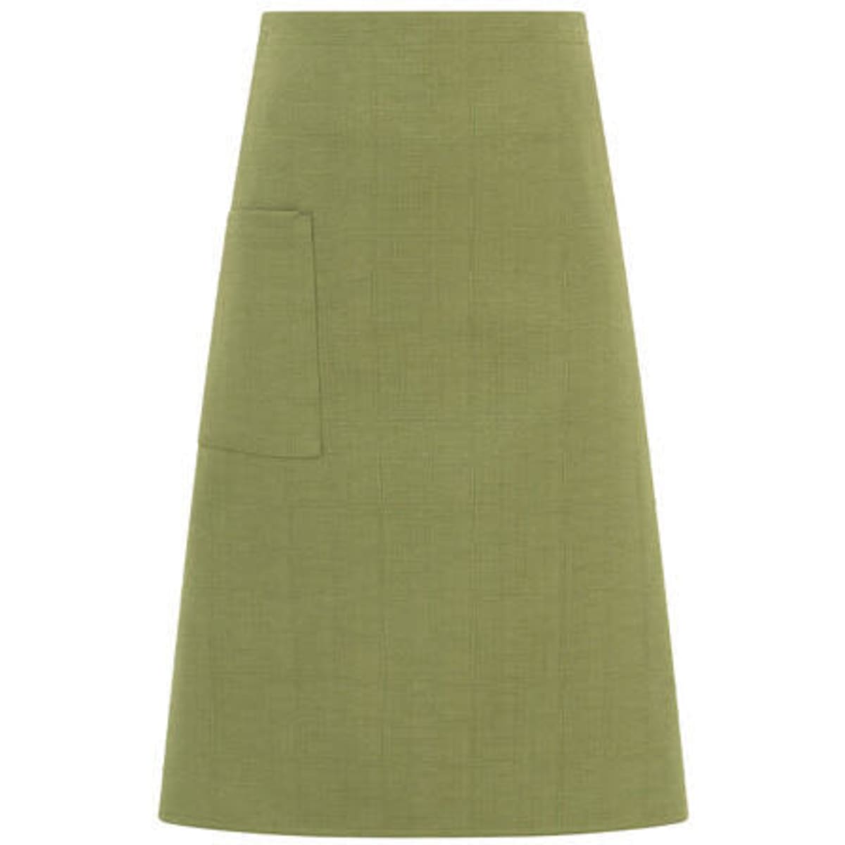 A green apron with a pocket and a simple design, featuring a branding element.