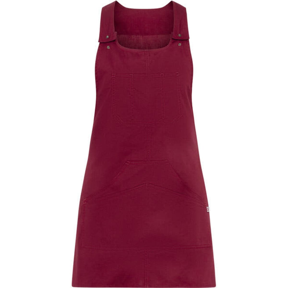 A burgundy pinafore dress with adjustable straps and a front pocket, featuring a logo.