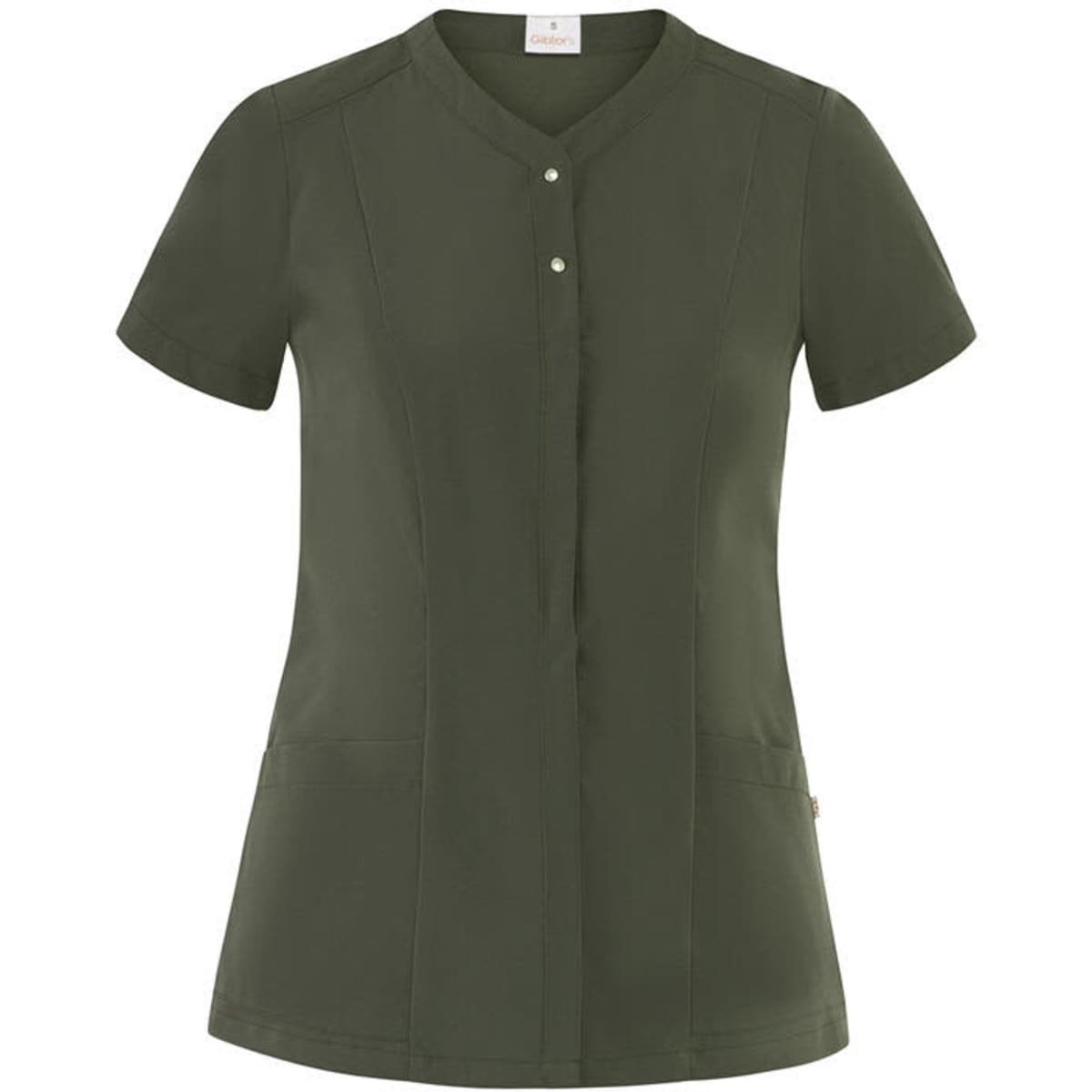 A khaki green tunic with short sleeves, a button closure, and two front pockets. The garment has a logo.