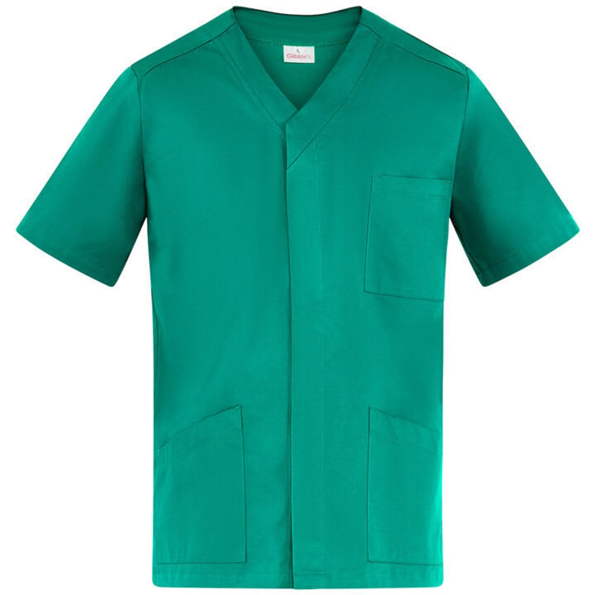 A green tunic with a v-neck, short sleeves, and pockets. Features a logo on the front.
