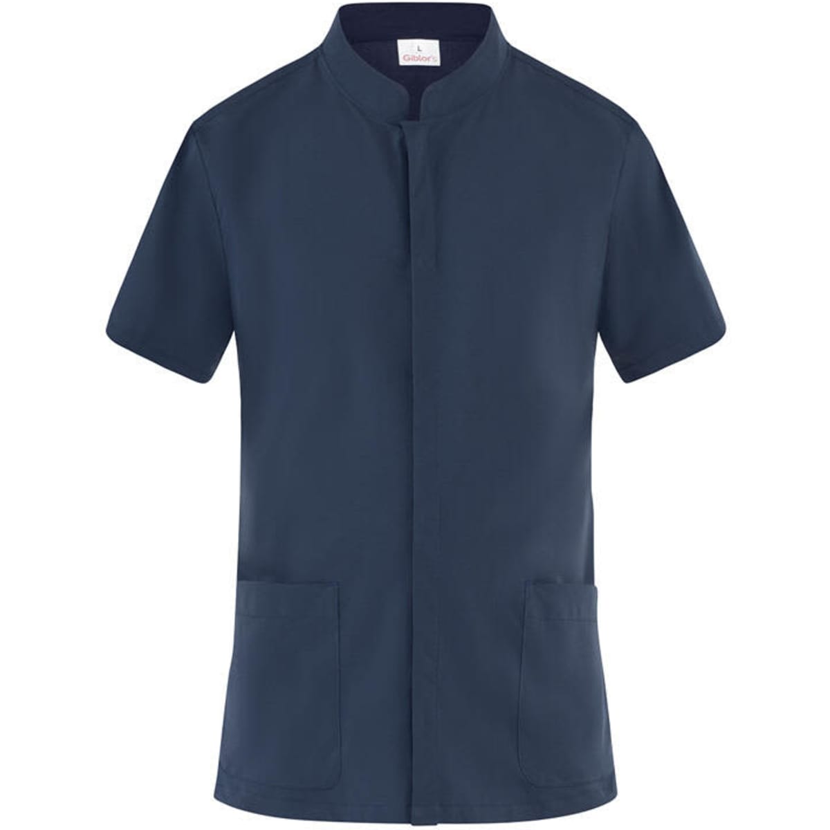 A navy blue tunic featuring short sleeves, a stand-up collar, and two front pockets. It has a logo on it.