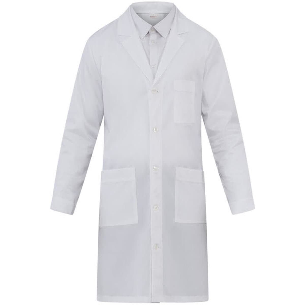 A white lab coat featuring a collar, long sleeves, and multiple pockets. It has a branded logo on it.