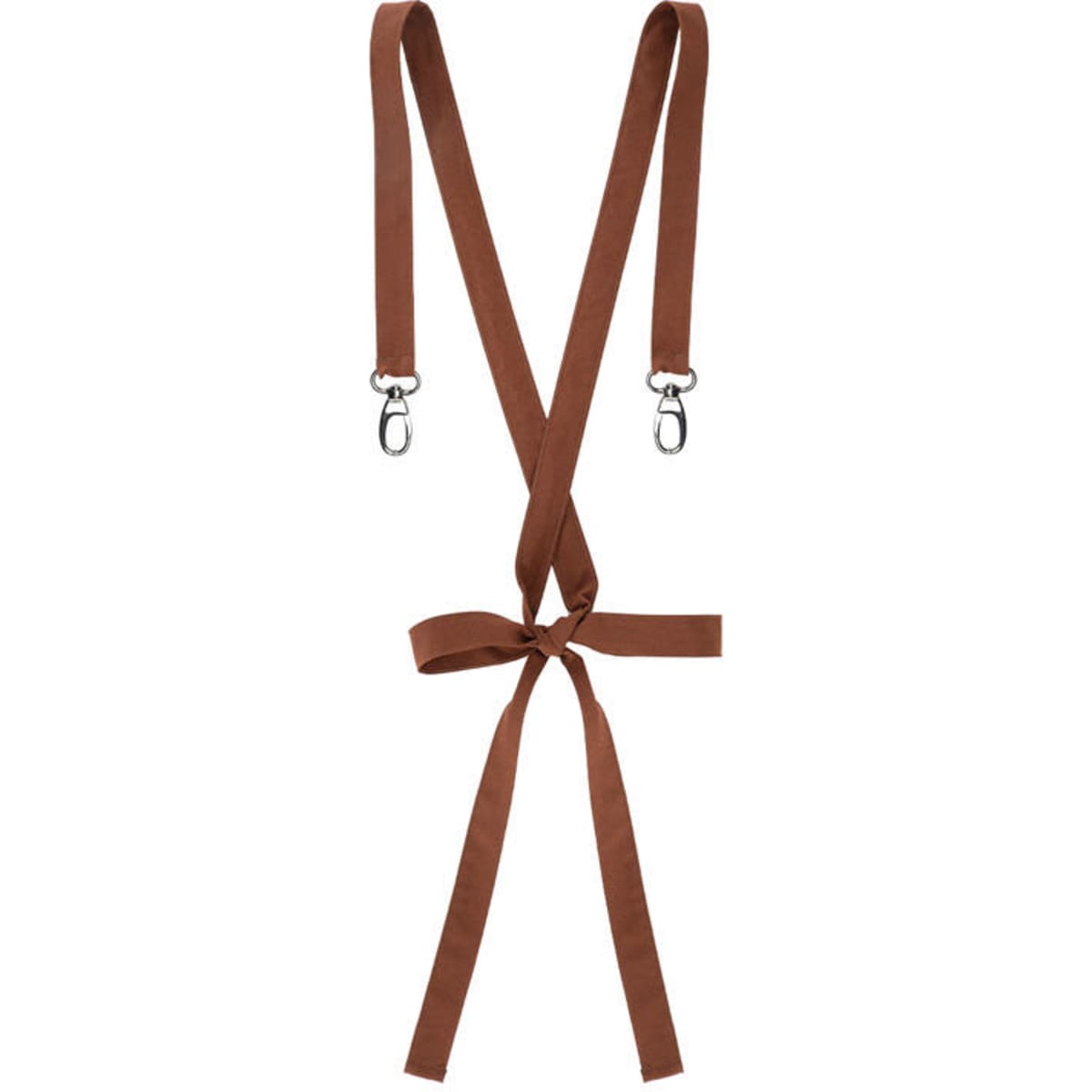 Brown apron braces with adjustable clips and a tie detail at the waist, designed for workwear use.