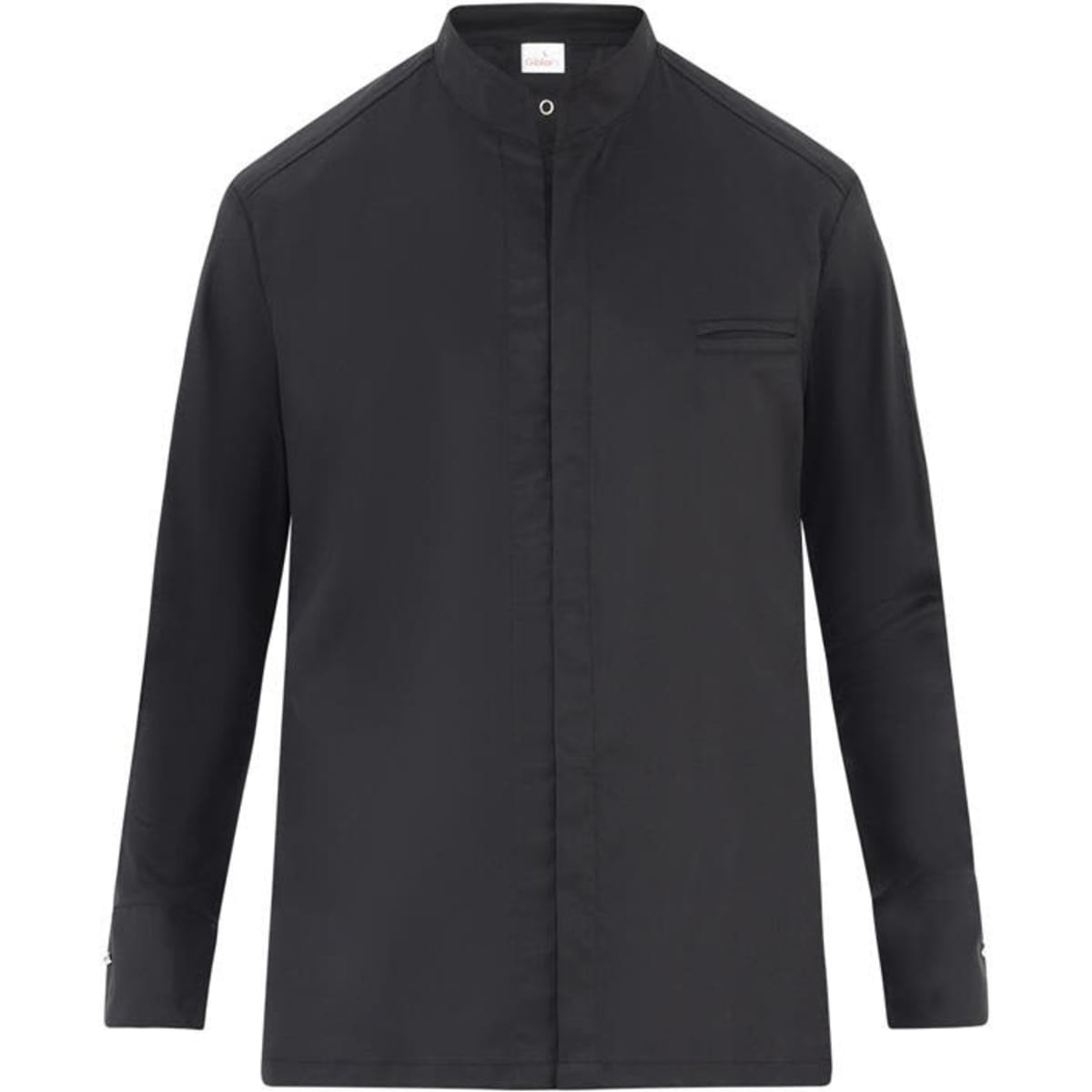 A black Ascanio Jacket featuring a mandarin collar and a chest pocket. It has a simple design with long sleeves and a logo.