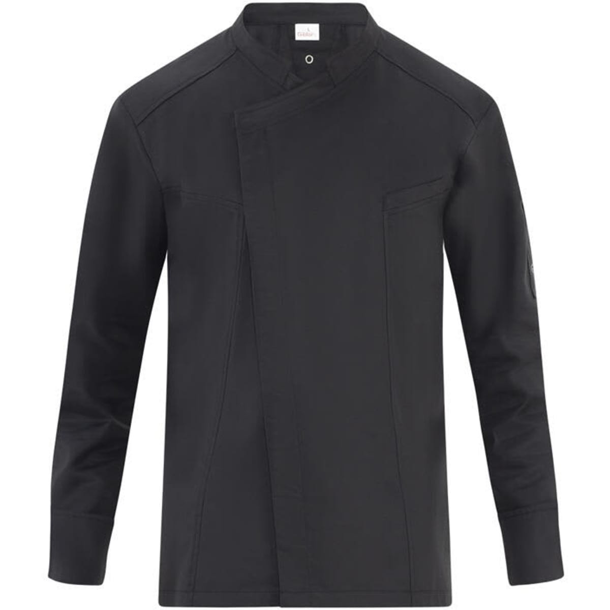 A black chef jacket featuring a modern design, long sleeves, and a logo on the sleeve.