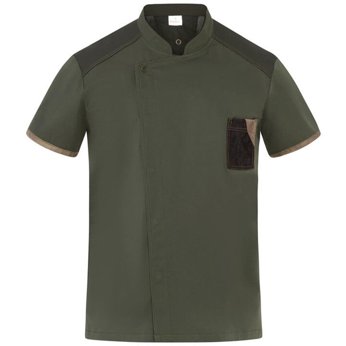 A short-sleeved tunic in dark green, featuring a pocket and black accents. The item includes branding.
