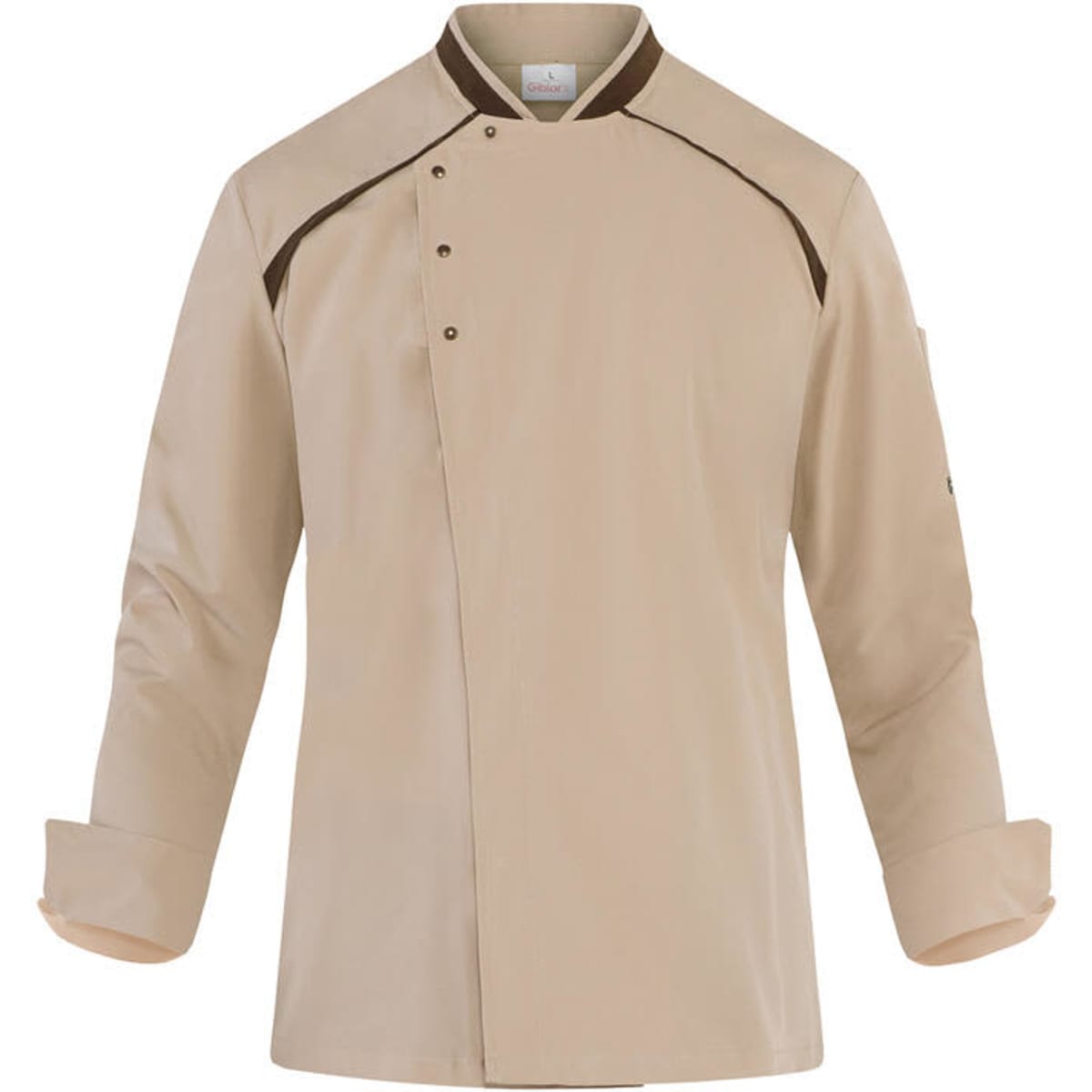 A beige chef jacket featuring brown accents and a double-breasted design, with a logo on the sleeve.