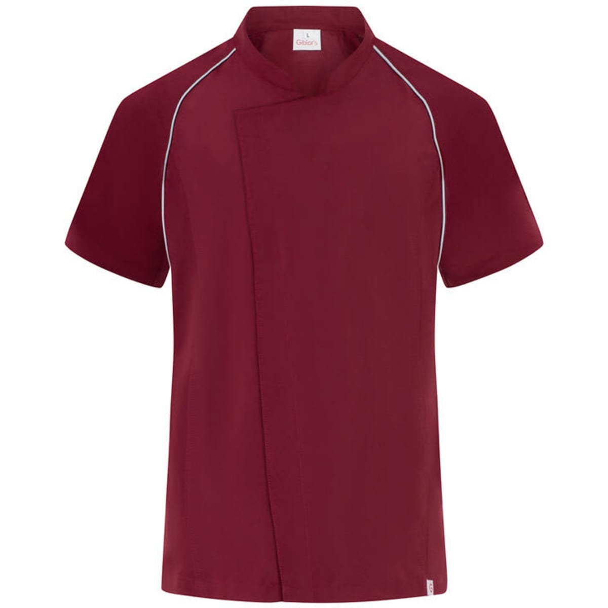 A maroon chef jacket with contrasting piping and a stylish wrap design, featuring a logo on the label.