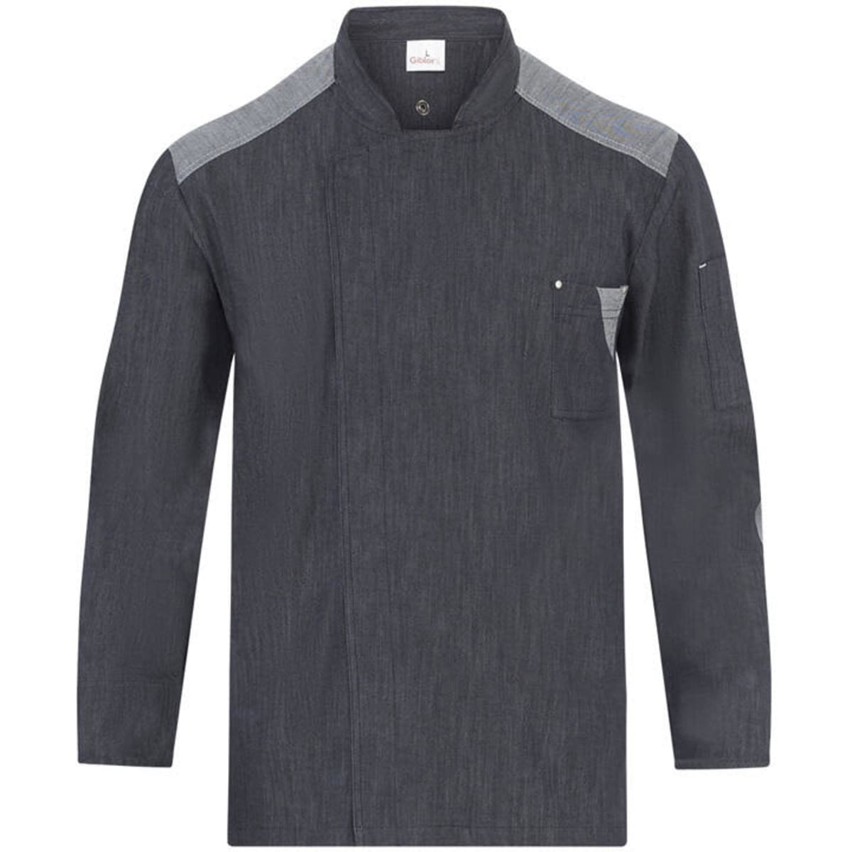 A dark grey chef jacket with grey accents, featuring a front pocket and a logo on the chest.