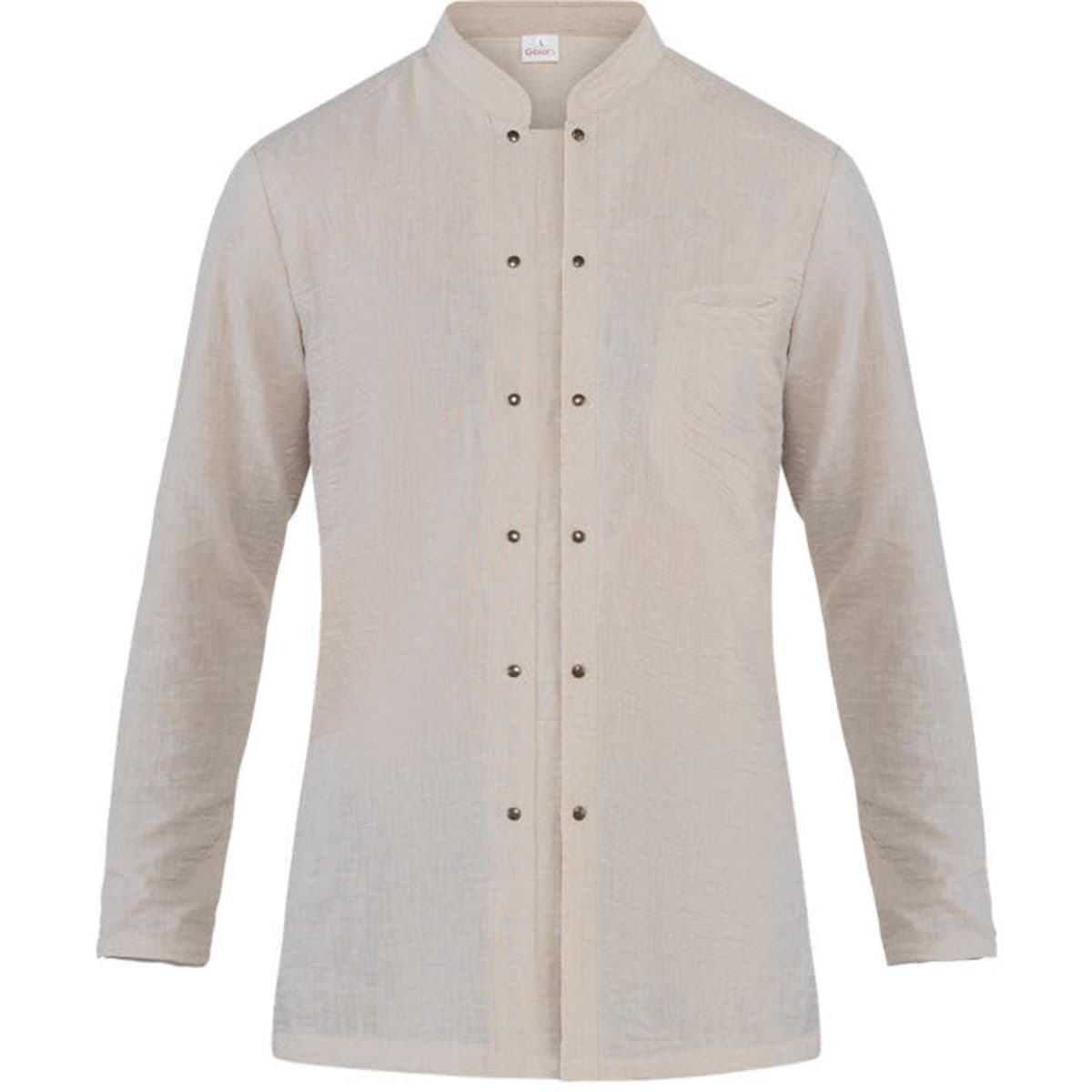 A beige jacket with a buttoned front, long sleeves, and a single chest pocket. It features a branding logo.