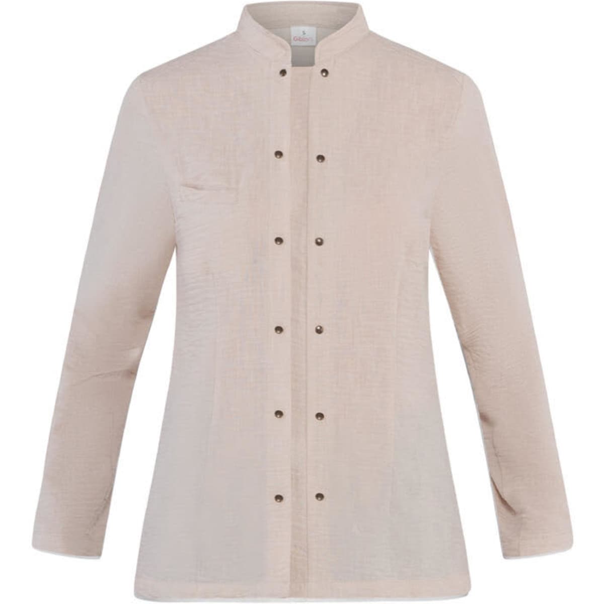 A lightweight, beige Alba Jacket with a mandarin collar and button closures, featuring a single chest pocket.