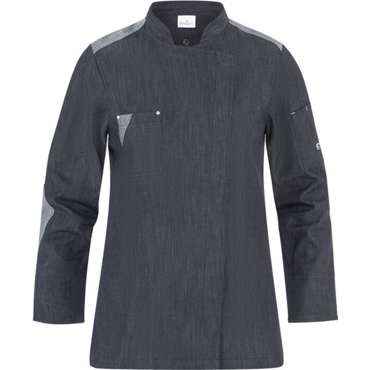 A dark grey chef jacket featuring a modern design and a small pocket. Includes branding on the sleeve.