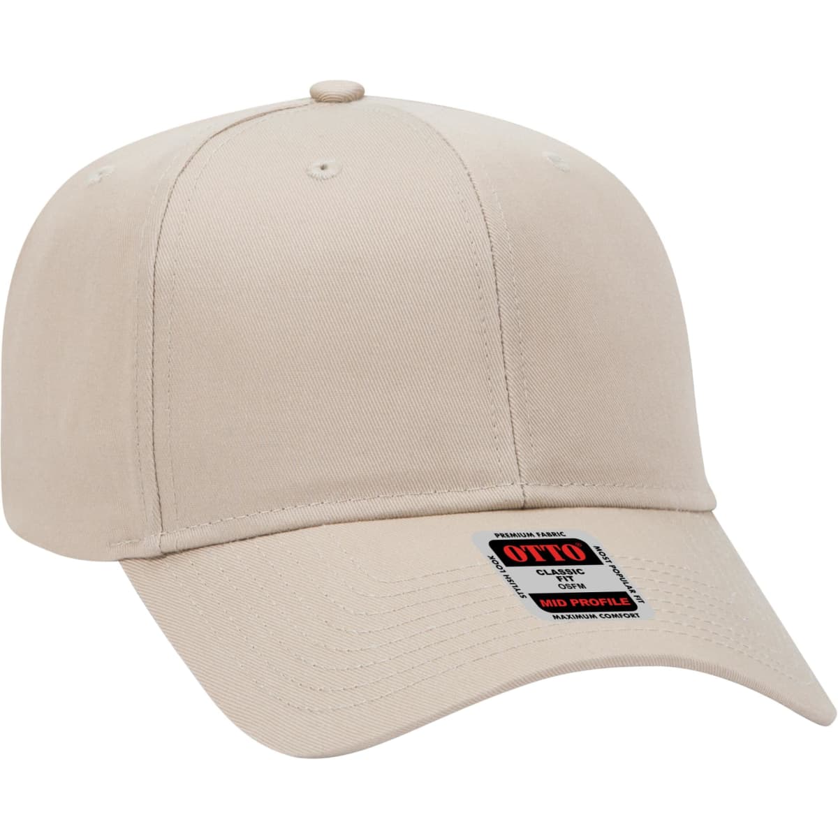 A beige 6 panel baseball cap featuring a curved brim and a logo, ideal for casual headwear.