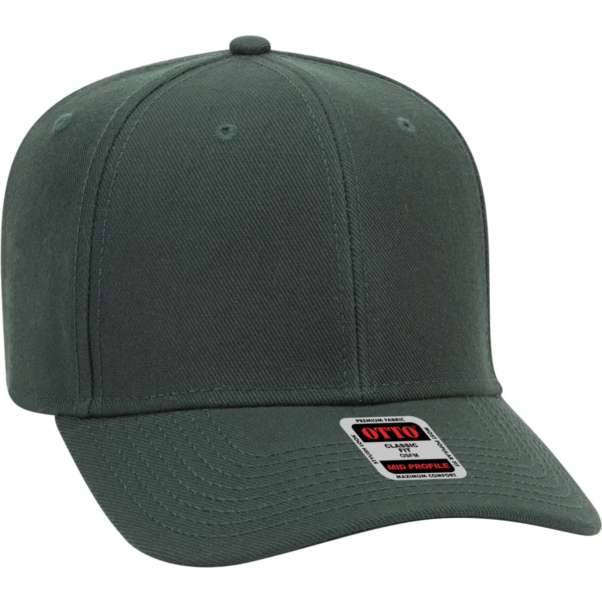 A dark green 6-panel baseball cap with a curved brim and a logo tag on the side.