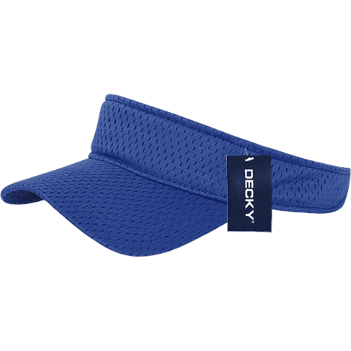 A blue mesh jersey visor with a branded tag attached, featuring a wide brim and textured fabric.