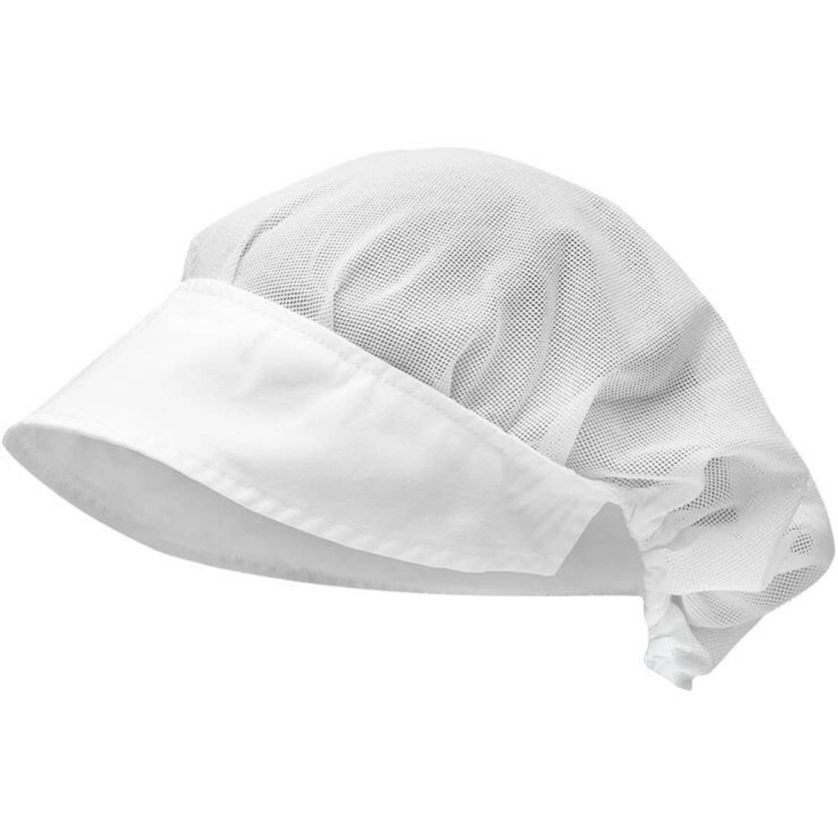 A white mesh cap with a soft brim and a gathered back, featuring a logo on the side.