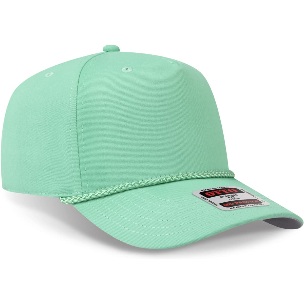 A mint green 5 panel mid profile baseball cap with a stitched brim and an attached branding label.