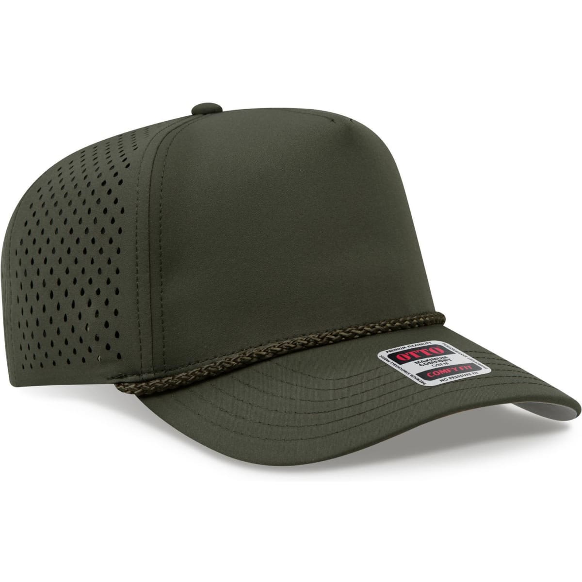 A 5 panel mid profile perforated rope cap in olive green, featuring a distinctive design and a logo.