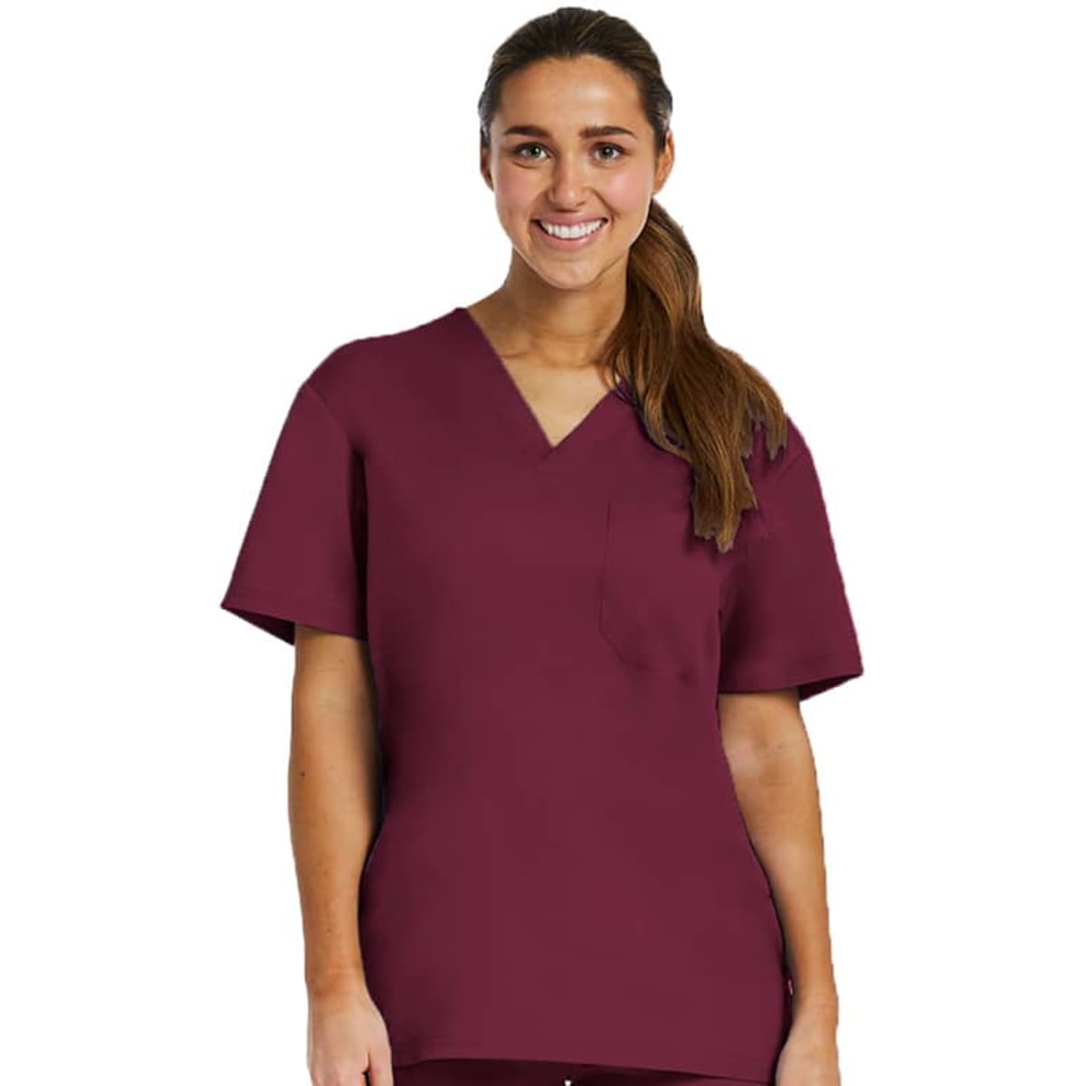 A unisex tuckable V-neck top in burgundy, featuring short sleeves and a pocket, with a branding logo.