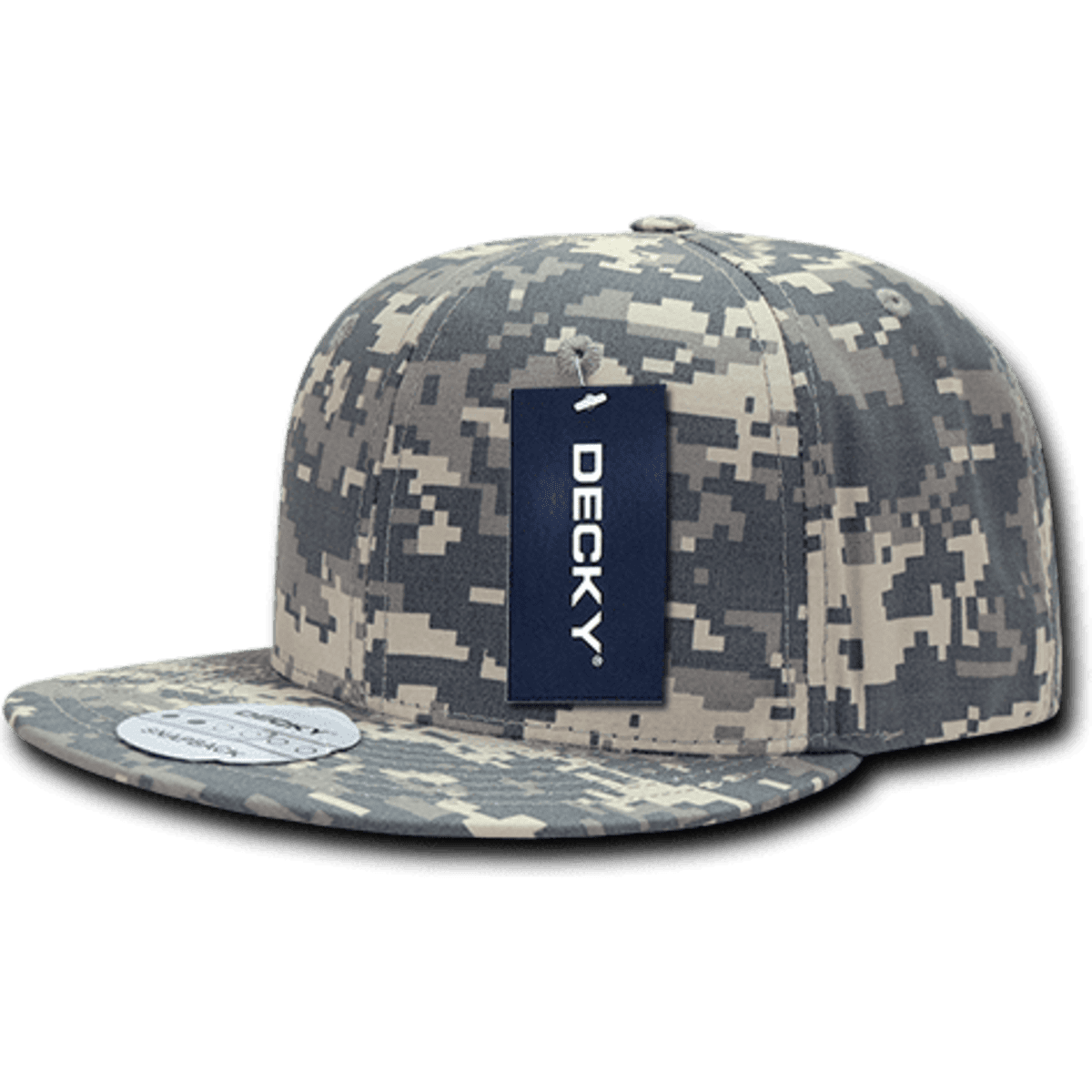 A structured snapback cap in a digital camo pattern, featuring a logo on a tag attached to the front.