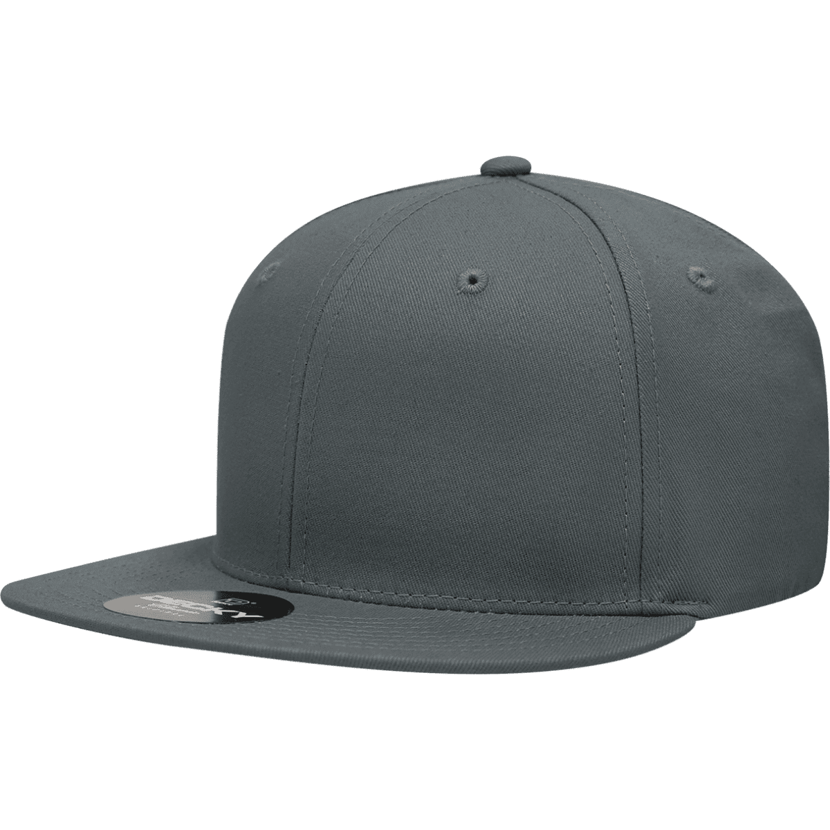A grey high profile structured snapback cap with a flat brim and a fitted design. It features a logo.