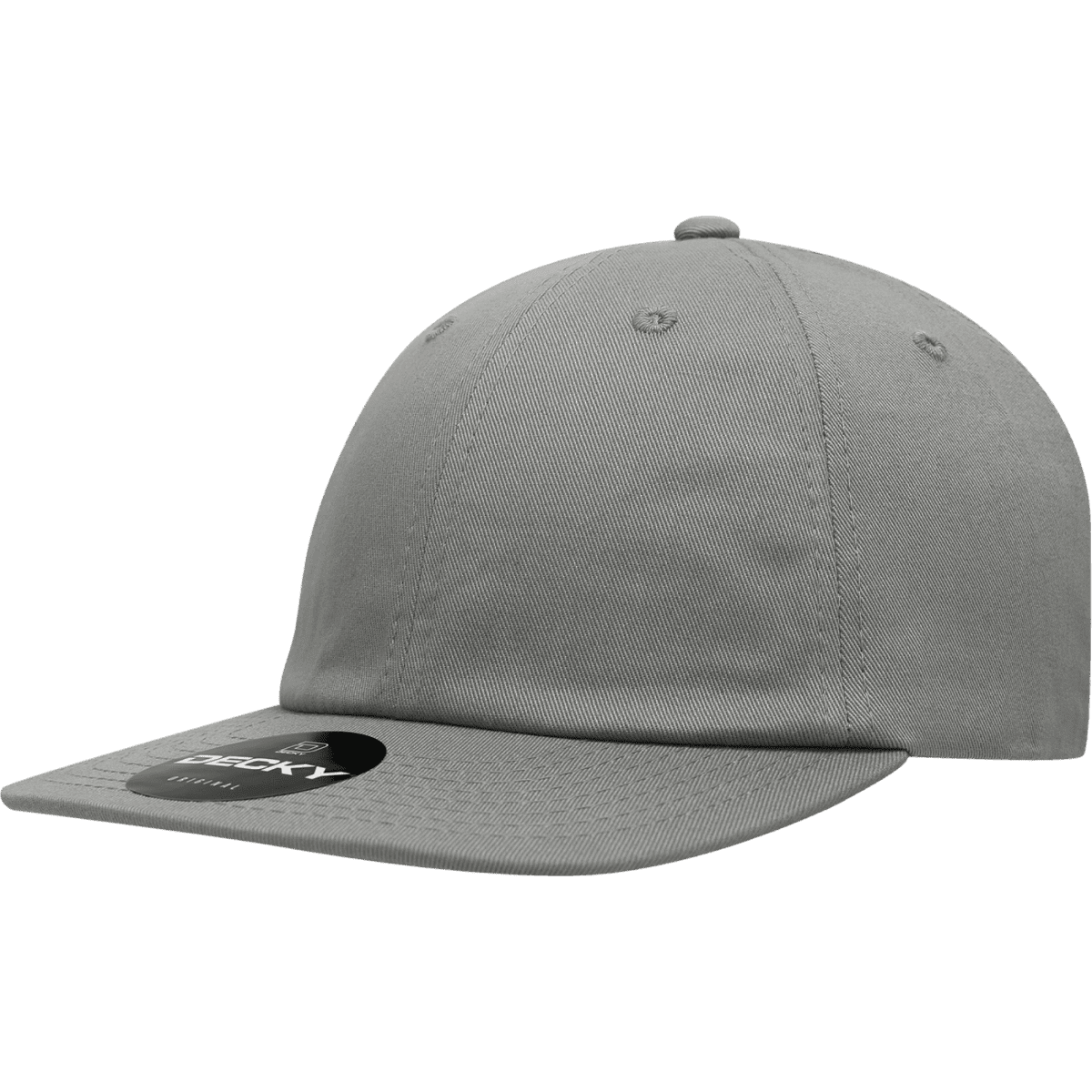 A grey 6-panel high profile relaxed snapback cap with a curved brim and a logo on the front.