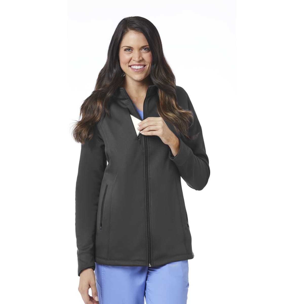 A woman wearing a black fleece jacket with a hood, featuring a zip front and side pockets. The jacket has a logo.