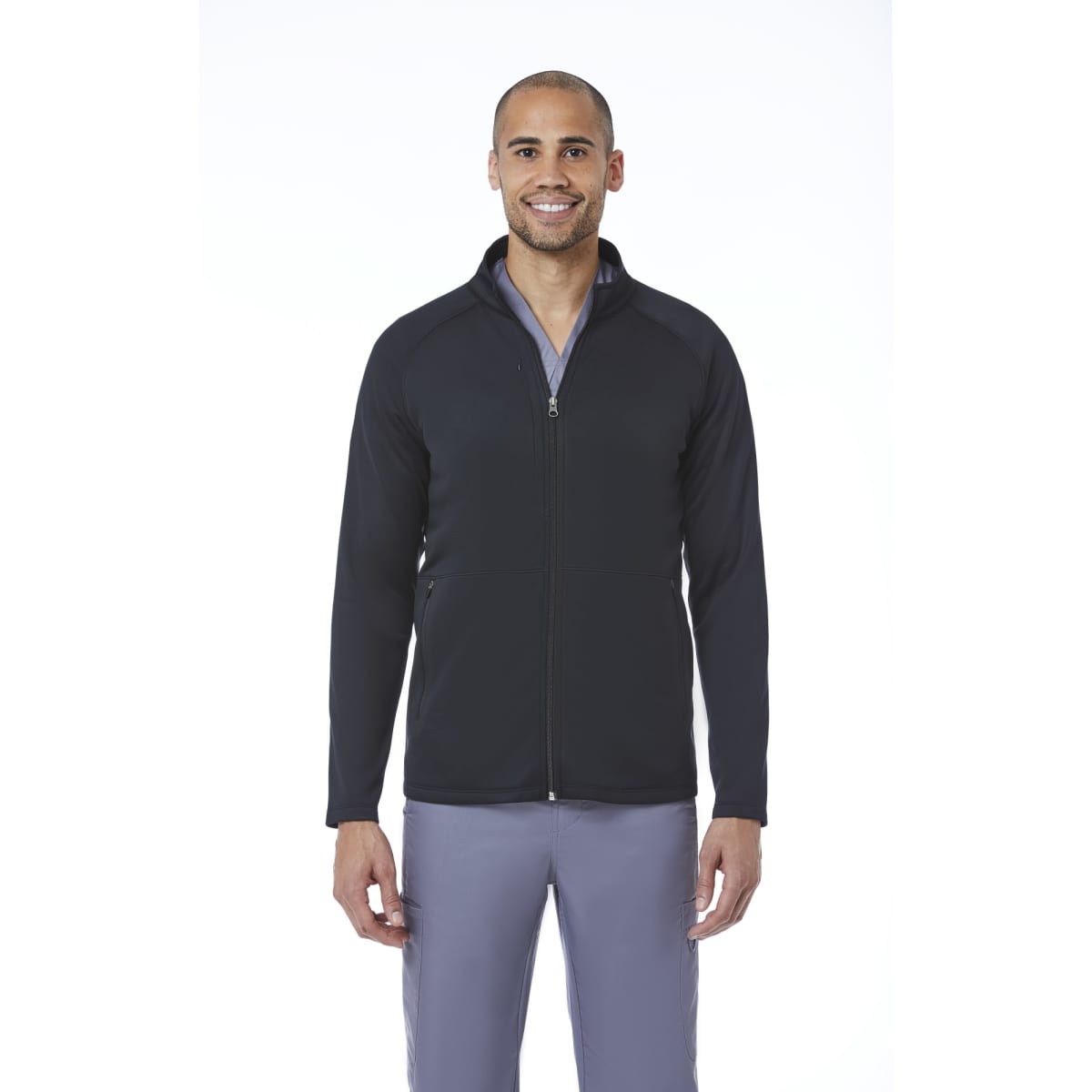 A men's warm-up fleece jacket in black, featuring a zip-up front and a logo on the chest.