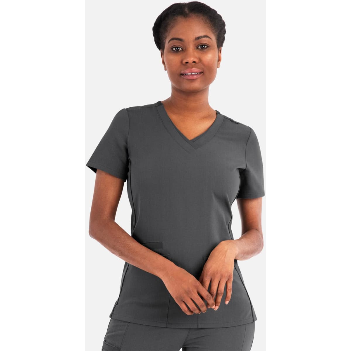 A dark grey women's layered V-neck top with short sleeves, featuring a fitted design. Includes a logo.