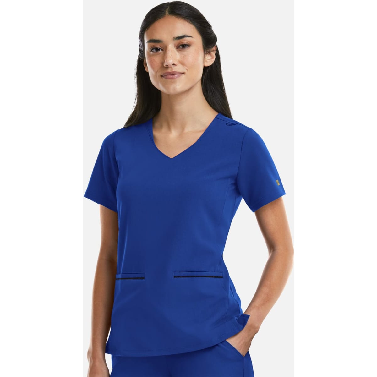 A women's blue V-neck top with a curve design and metallic detail, featuring pockets and a logo on the sleeve.