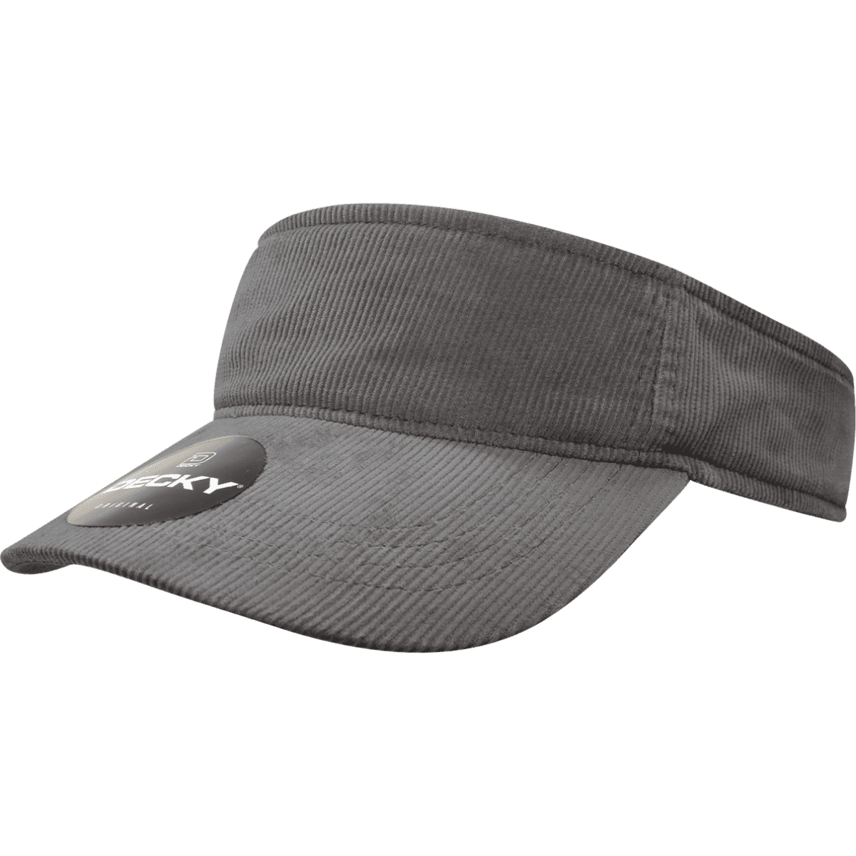 A grey corduroy visor featuring a rounded bill and an embossed logo on the front.