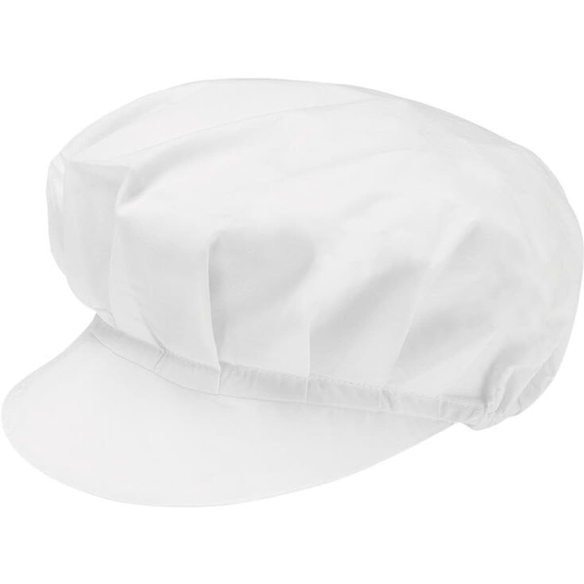 A white cap with a rounded top and a small brim, featuring a gathered design and a logo.