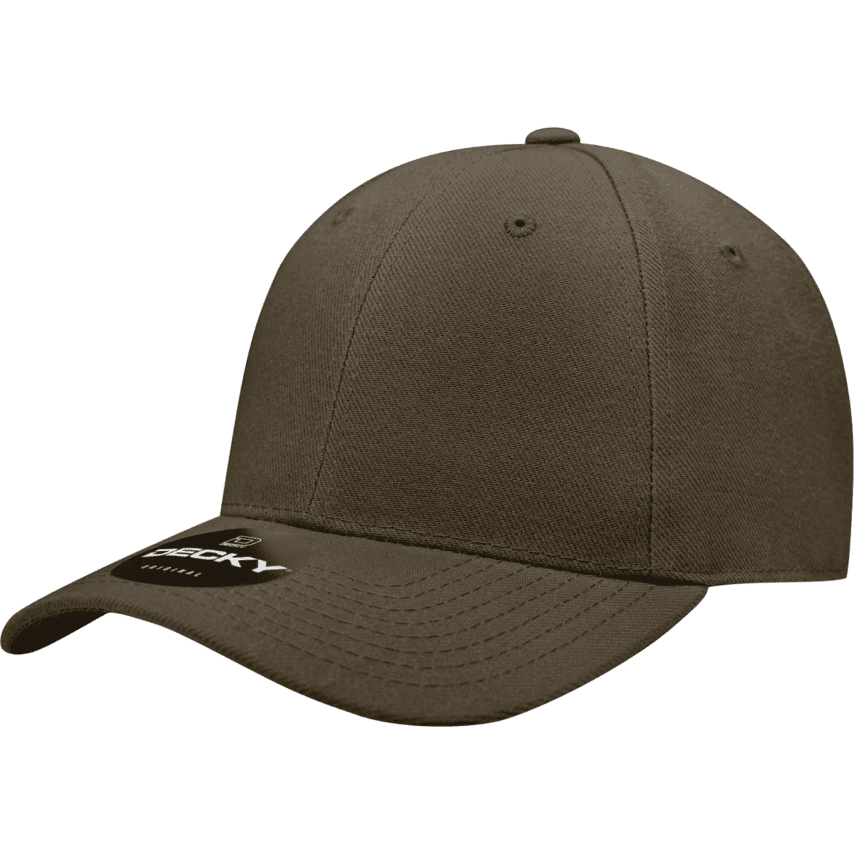 A high-profile structured fitted cap in khaki green with a branded label.