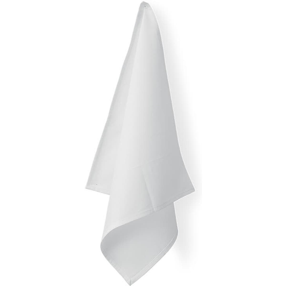 A white waiter's napkin, neatly folded and hanging, available in a two-pack. Includes a logo.