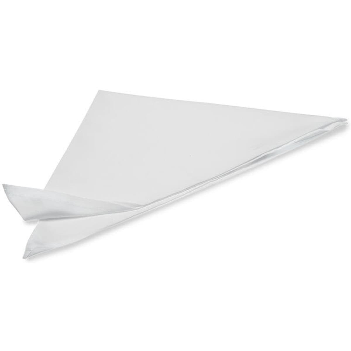 A white triangular napkin folded in a stylish design, featuring a logo. Sold in a two-pack.