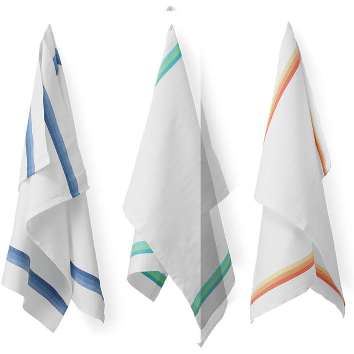 Three kitchen towels in white, featuring blue, green, and orange stripes. The towels are hanging and have a simple design.