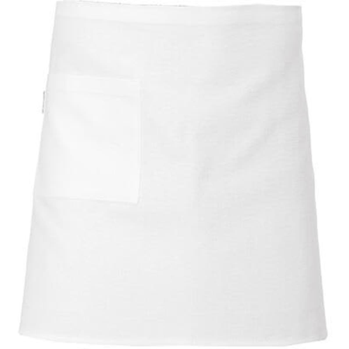 A short-length white apron featuring a single pocket and a branding logo.