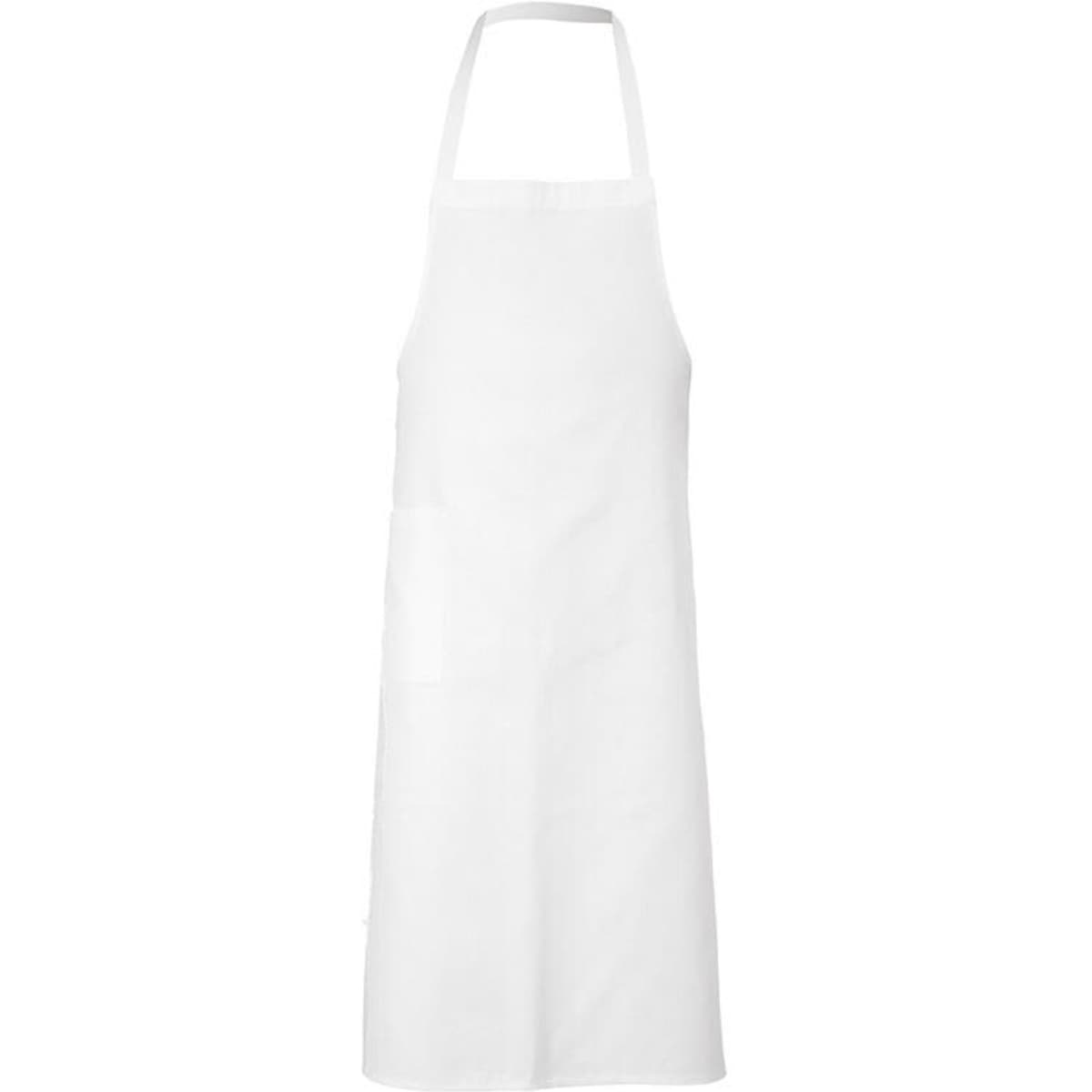 A full-length white apron with a neck strap and no additional embellishments. It features a simple, clean design.