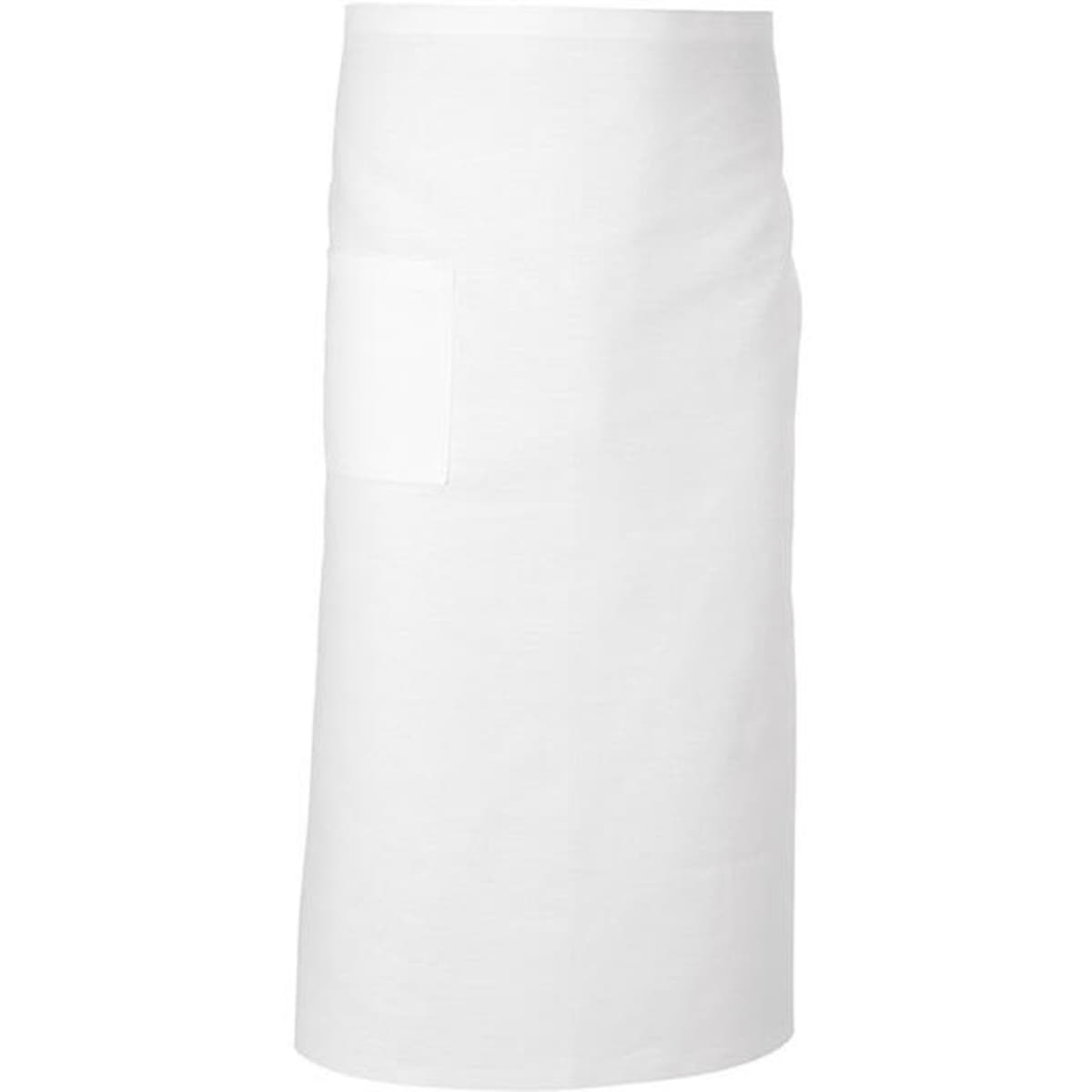 A white mid-length apron with a pocket and a simple design. Features a logo on the fabric.