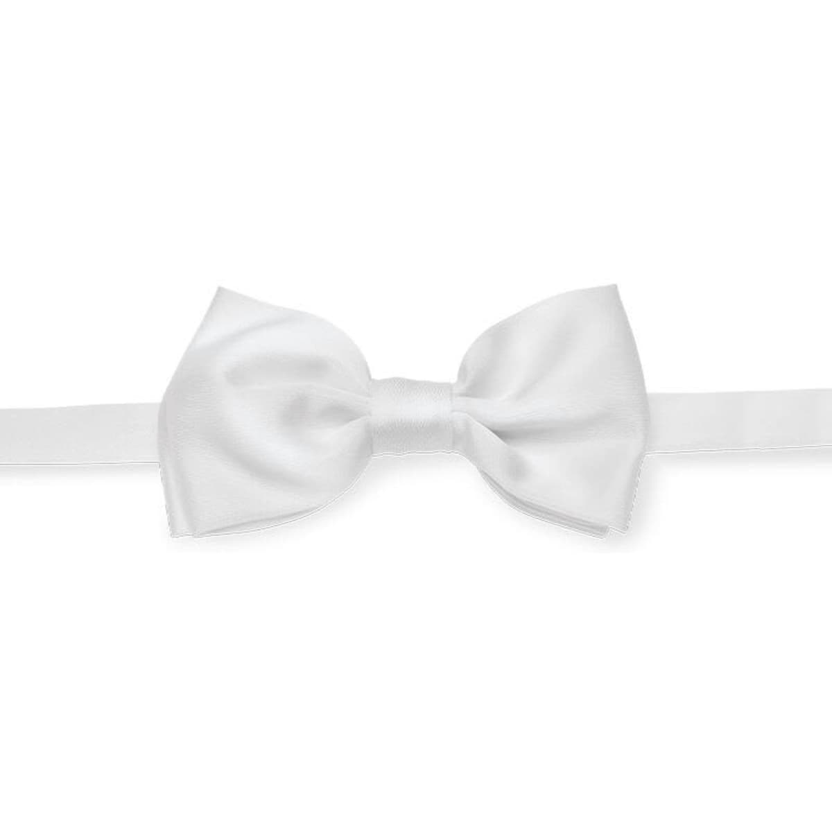A glossy white bow tie on a fabric strap, featuring a simple design and a smooth texture.