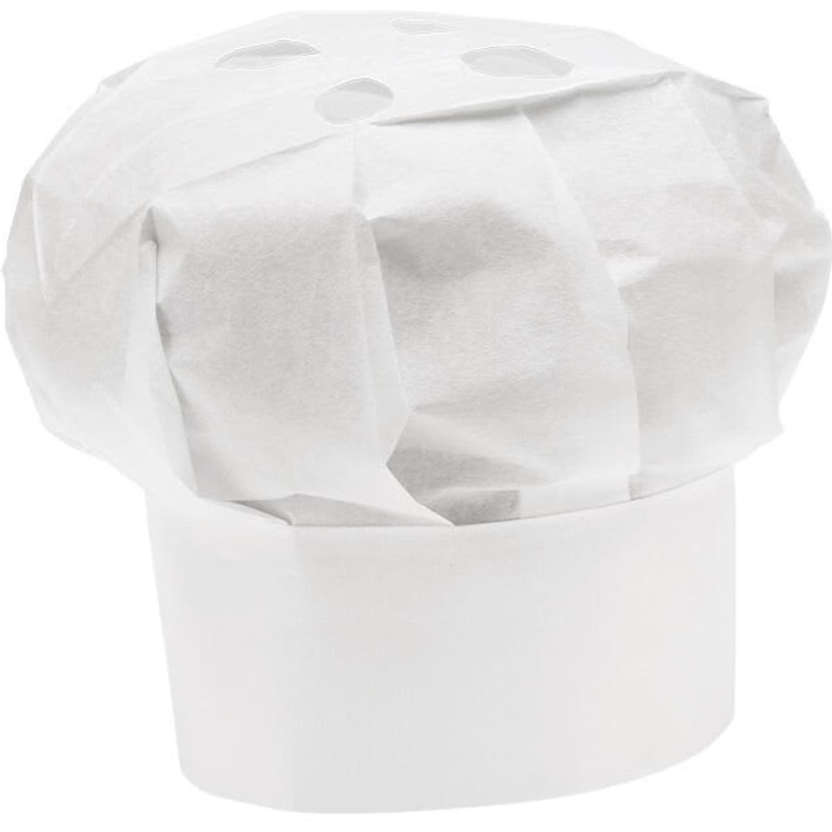 A white chef hat made of paper, featuring decorative holes on top, presented upright.