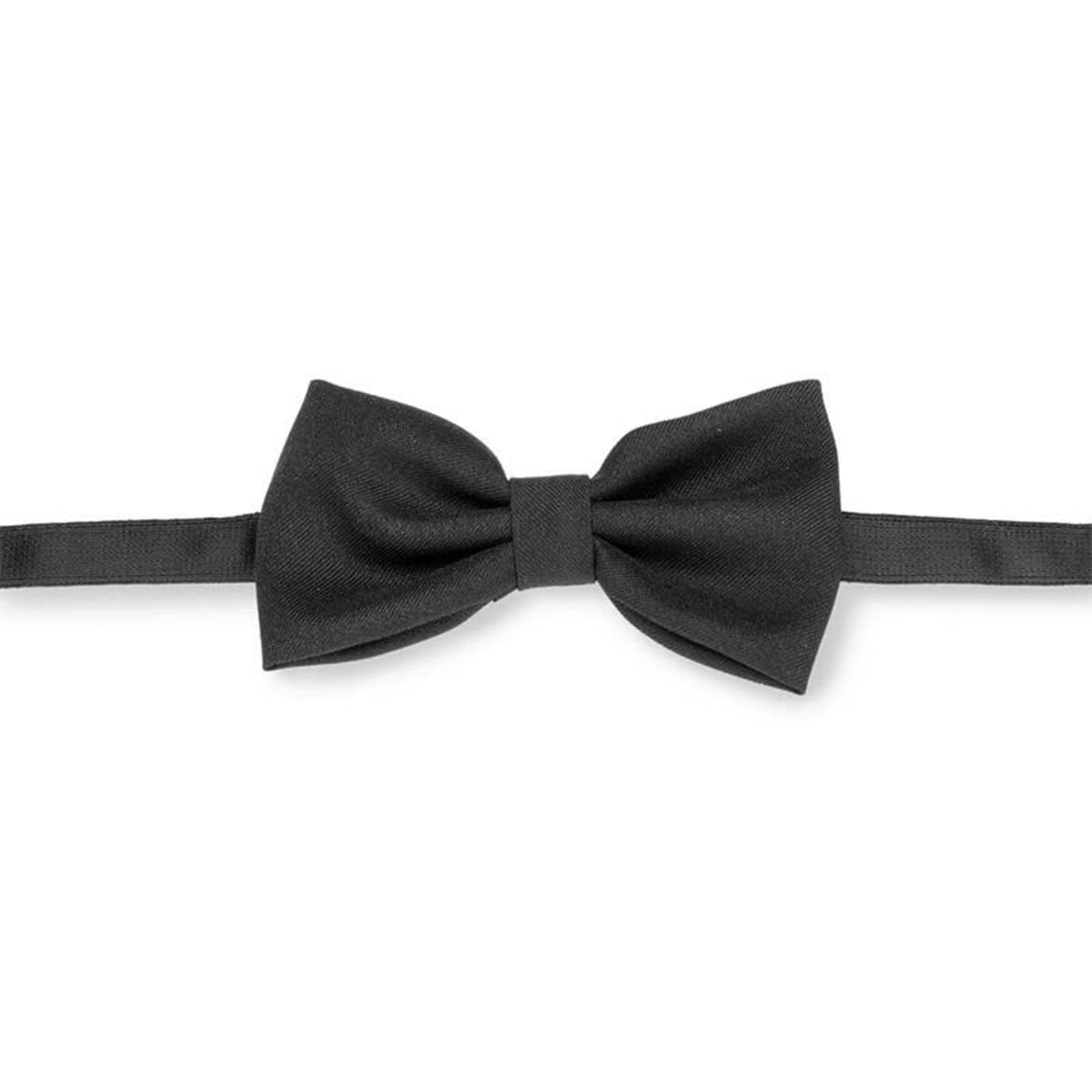 A black bow tie with a textured finish, featuring a central knot and adjustable strap. Brand logo is present.