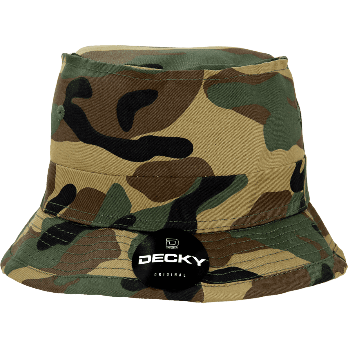 A camouflage structured fisherman's hat with a wide brim and a logo tag on the side.