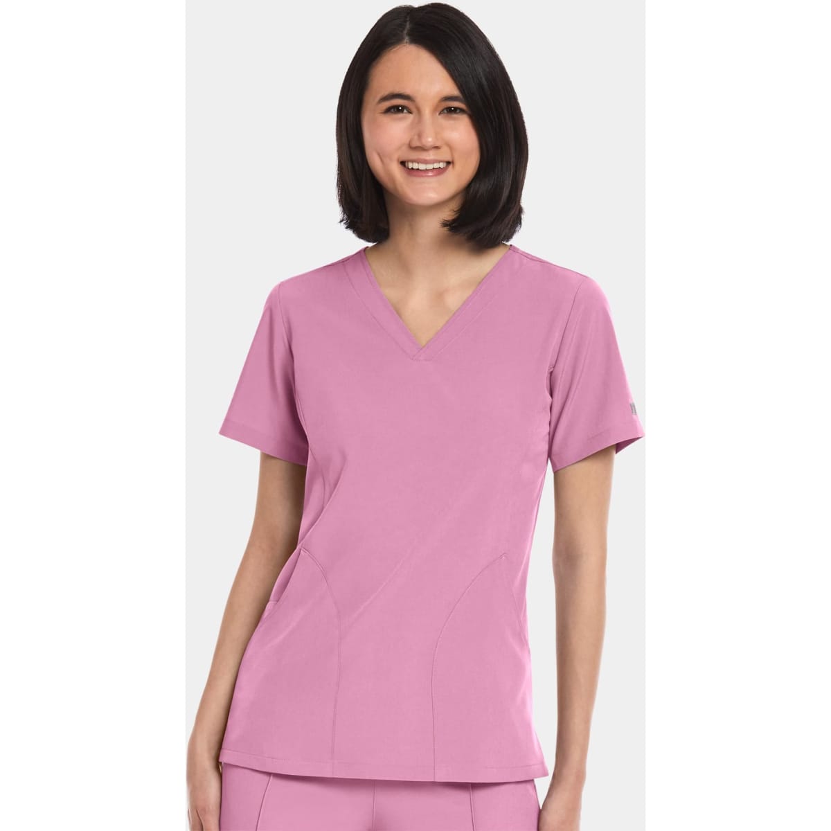 A women's V-neck top in pink with a fitted design and short sleeves, featuring a logo.