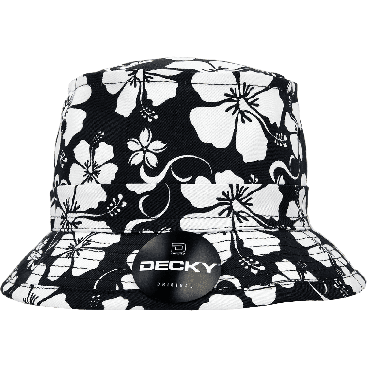 A structured floral fisherman's hat featuring a black and white floral pattern and a branded badge.