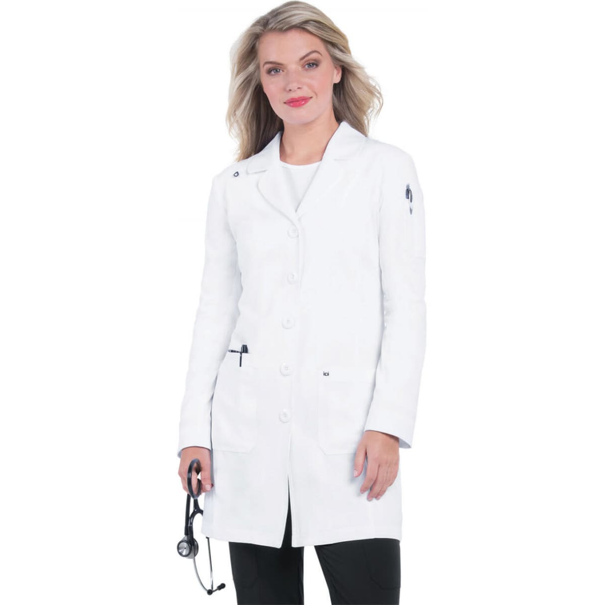 A fitted white lab coat with button closure and side pockets, modelled by a woman with long hair.