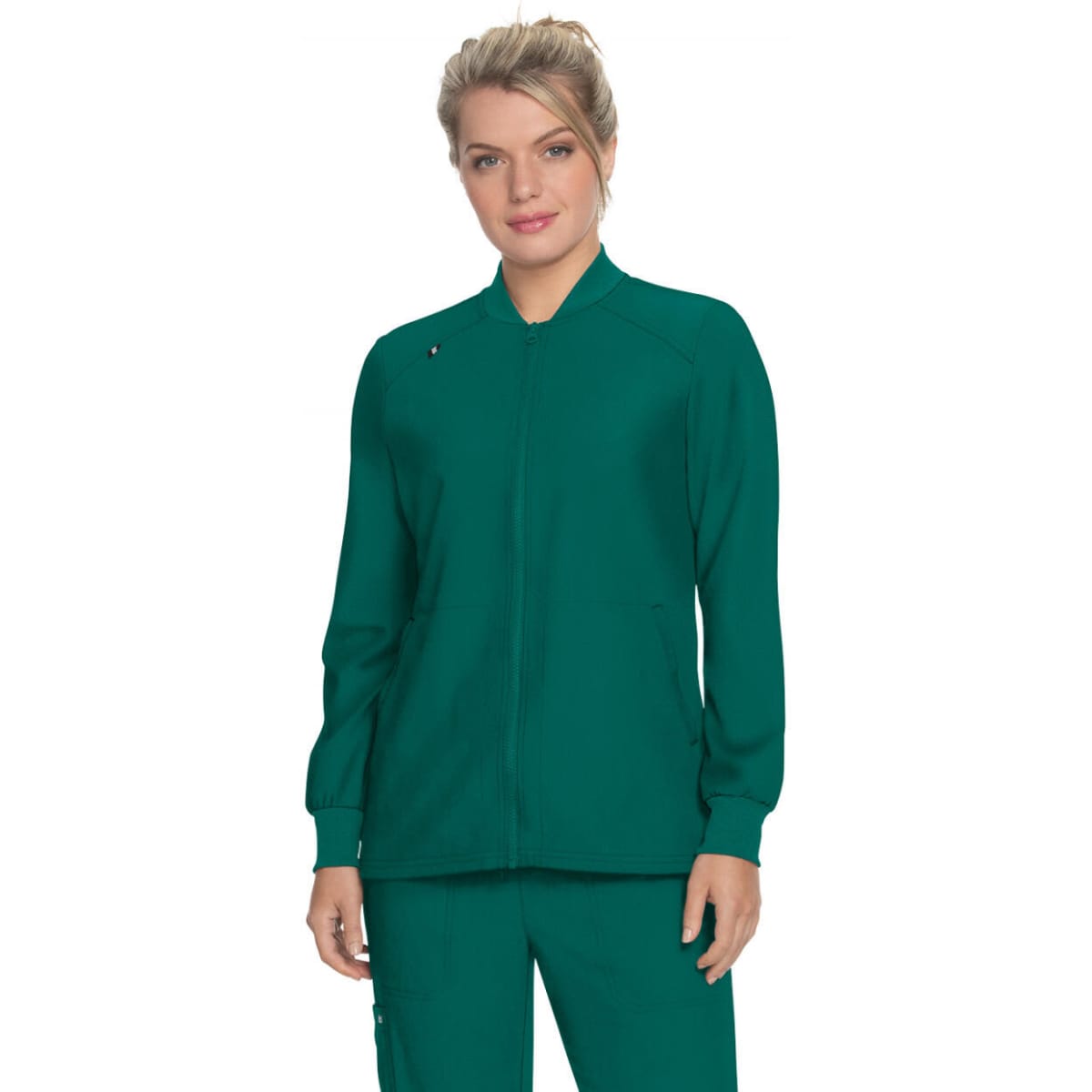 A green jacket with a zip-up front and long sleeves, featuring a logo on the chest.